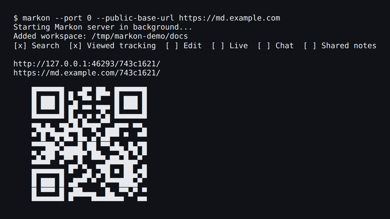 CLI access URLs and QR code (output excerpt)