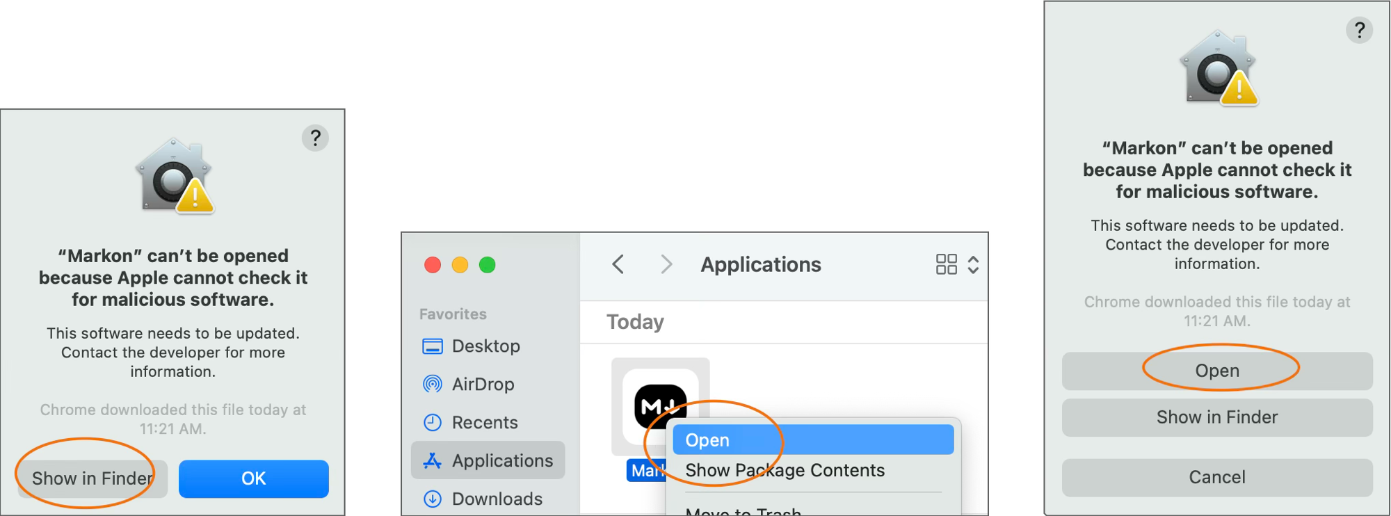 macOS 较老版本:右键打开放行 Markon