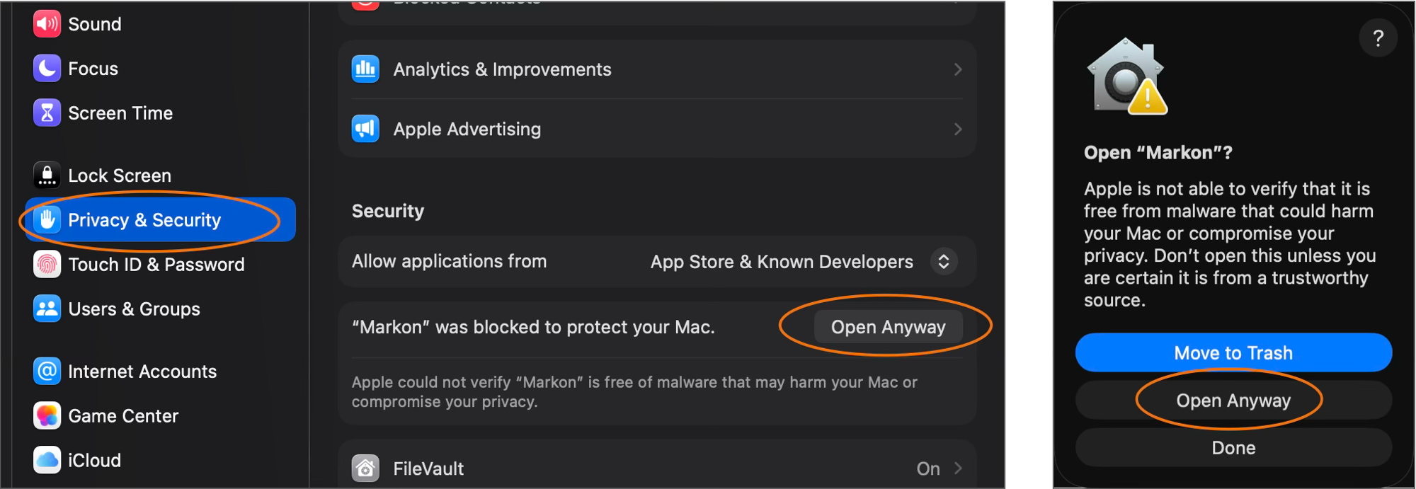 macOS Gatekeeper:在系统设置点 Open Anyway,确认放行 Markon