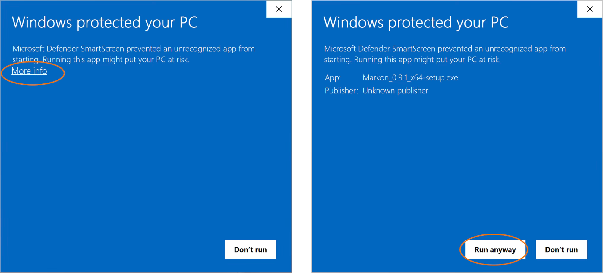 Windows SmartScreen:点 More info 展开后选择 Run anyway